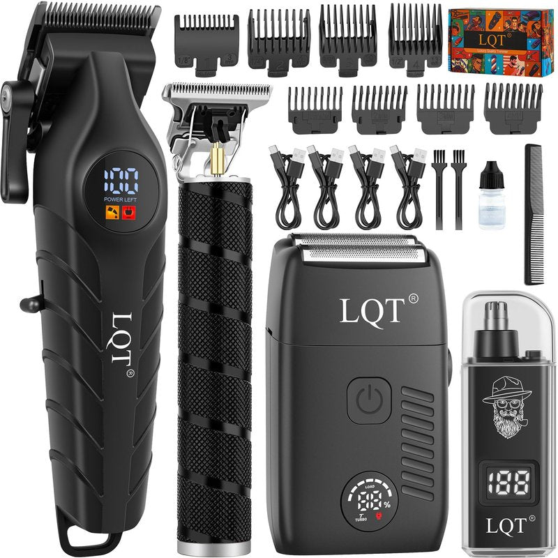 LQT Men's Professional Cordless Hair Clippers & Trimmer Kit, 4-in-1 Electric Shaver Set with LED Display, Waterproof Body Groomer, Nose Trimmer & T-Blade for Bald Head, Full Barber Kit (Black)