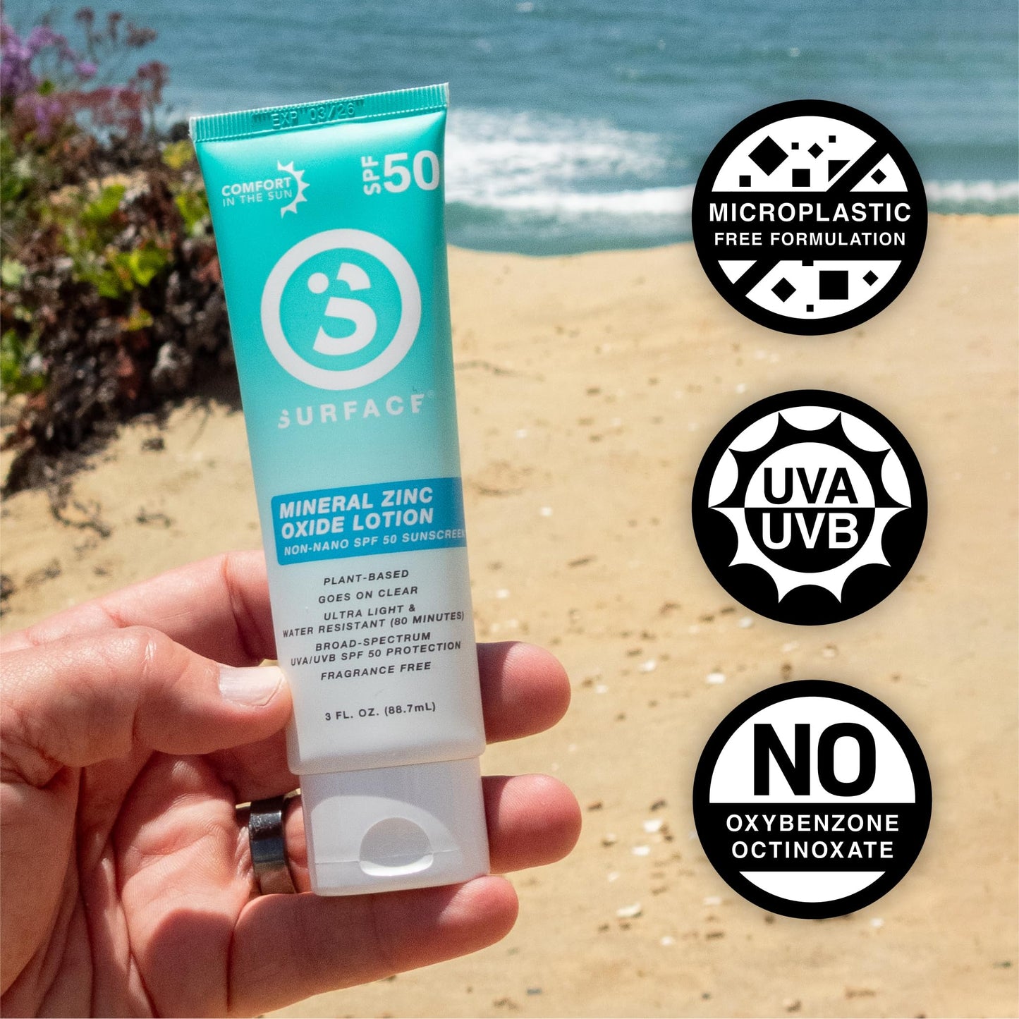 Surface Sunscreen Mineral Lotion SPF 50 for Face & Body, Natural Formula, Lightweight & Reef Friendly, Broad Spectrum UVA UVB Protection, Water Resistant Sun Care for Outdoor Use, Fragrance Free, 3oz