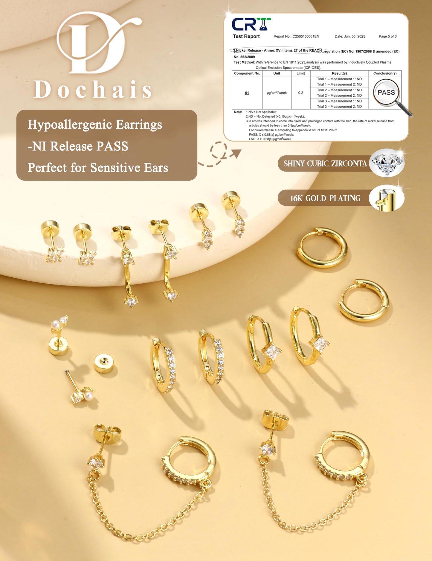 Dochais Hypoallergenic Flatback Stud Hoop 14K Gold Plated Earrings Stacks - Surgical Stainless Steel Earring Set Chain Cartilage Earrings - Small Ear Piercing Flat Back Earring for Women Trendy