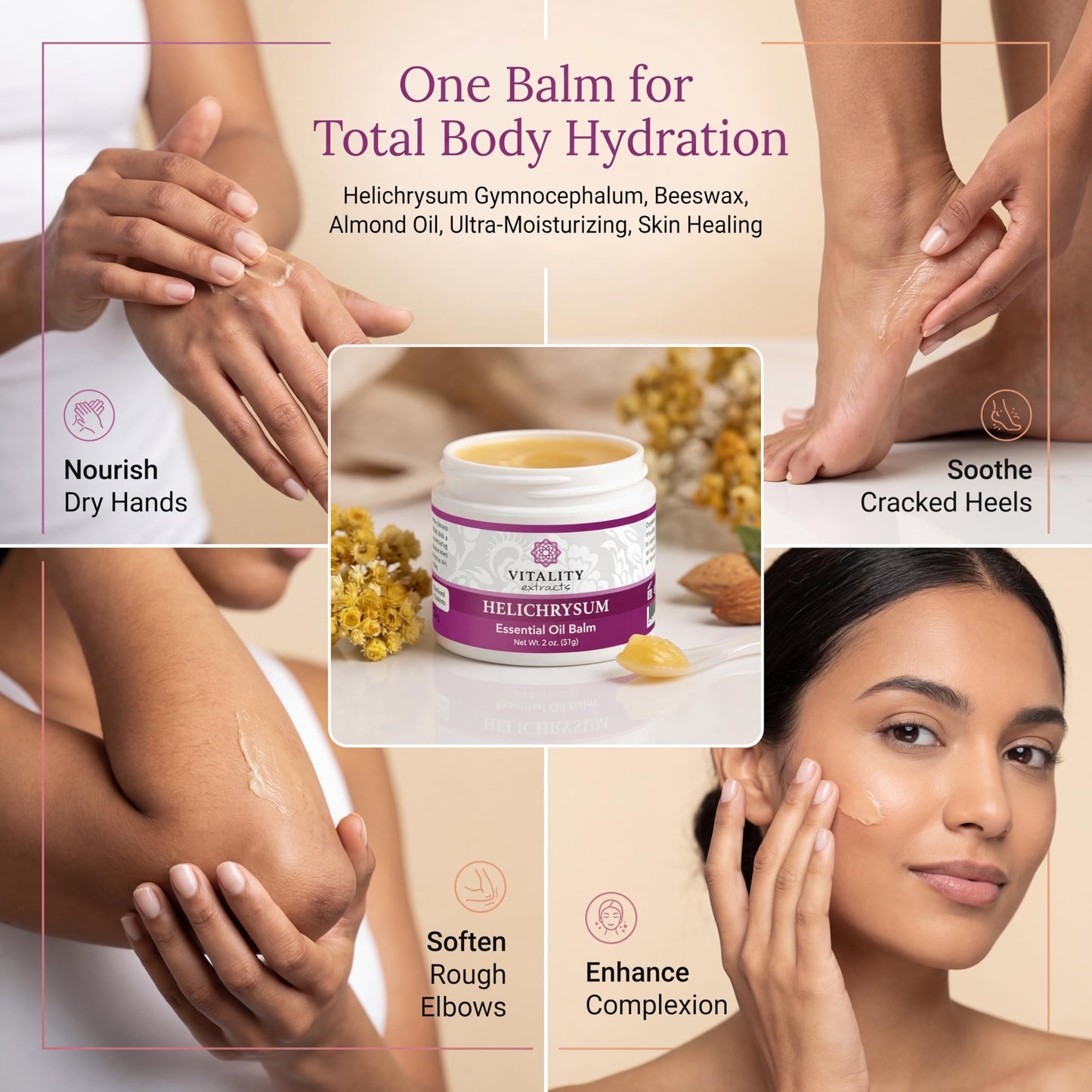 Vitality Extracts Helichrysum Balm - 2oz, Helichrysum Gymnocephalum, Beeswax, Almond Oil, Ultra-Moisturizing, Skin Healing, Full Body Hydration