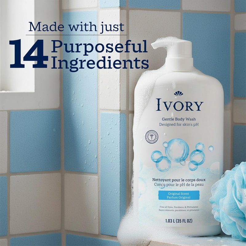 Ivory Body Wash, Designed for the Whole Family, Gentle Formula, Free of Dyes Heavy Perfumes Parabens Phthalates & Silicones, for Sensitive Skin, Designed for Skin's pH, Original Scent, 35 oz