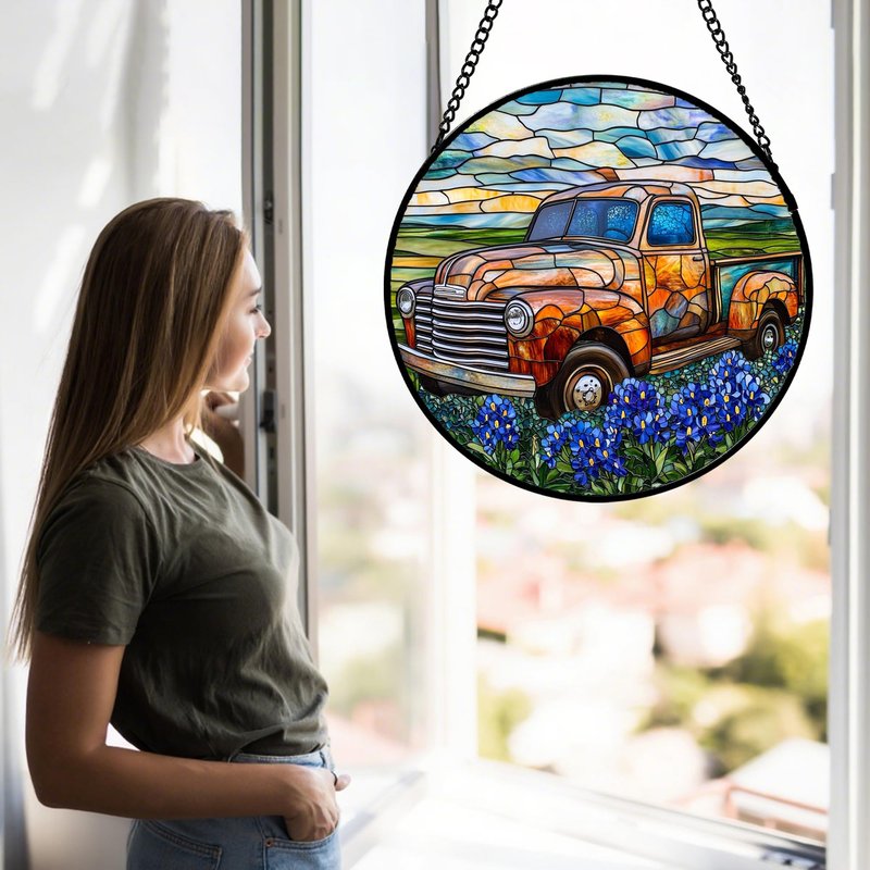 QZQCBLC Stained Glass Window Hanging Retro Truck Blue Flower View 6.3" - Suncatcher Door Garden Kitchen Sun Catcher Home Decor Birthday Christmas for Mom Woman Wife Men Nana