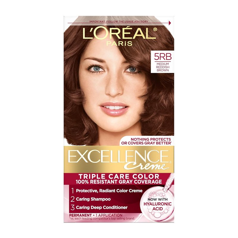 L'Oreal Paris Excellence Crème Permanent Hair Dye, Triple Care Hair Color with Hyaluronic Acid for 100% Gray Coverage, 5RB Medium Reddish Brown, 1 Kit (Packaging May Vary)