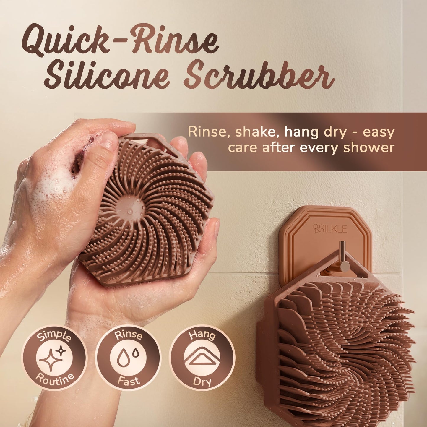 SILKLE Silicone Body Scrubber – Gentle Exfoliating Shower Scrubber for Body & Bath, Silicone Shower Brush & Loofah Alternative – Non-Slip Silicone Body Brush, Quick Dry, Hygienic - Brown
