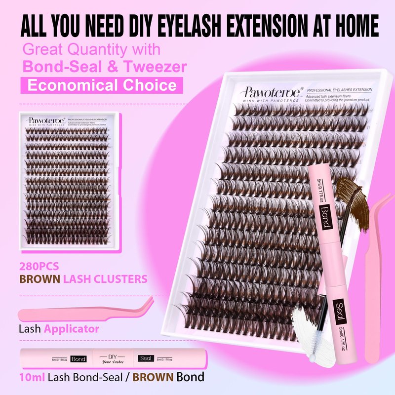 Pawotence Lash Extension Kit DIY 280pcs Brown Lash Clusters Eyelash Extension Kit 40D 9-16mm Individual Lashes Kit with Lash Bond and Seal Lash Tweezers for Self Use (Brown 40D, 9-16mm, Kit)
