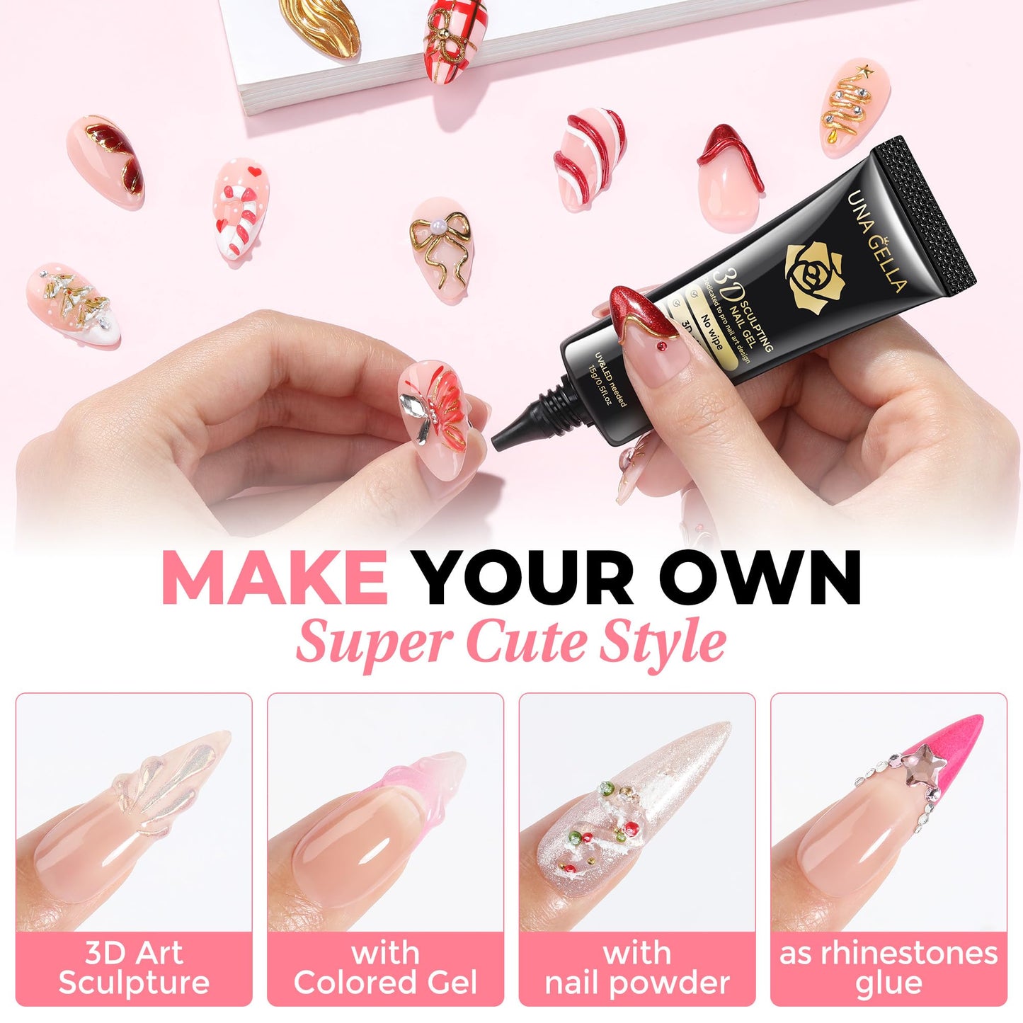 UNA GELLA 3D Gel Nail Art, 3D Nail Gel Sculpting G el Glue 15g 4 in 1 No Wipe Clear Nail Polish for Nails Tips, Chrome Powder, Nail Charms Gems, Drawing and DIY Nail Art Lamp Curing Needed