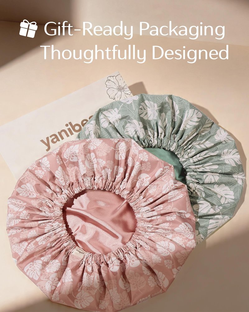 Yanibest Satin Lined Shower Cap for Women Reusable Waterproof, Frizz Free & Large Bath Cap with Soft Elastic Band, Luxury Hair Protection Caps (Pink Leaves)