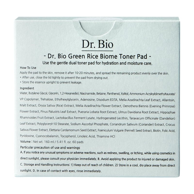 Dr.Bio Green Rice Biome Toner Pad (5.54oz/60 Pads) with Probiotic, Exfoliating, Remove Blackheads & Whiteheads, Radiant Skin, Dual-Sided Pad for Sensitive Skin, Fragrance-Free, Vegan Korean Skincare
