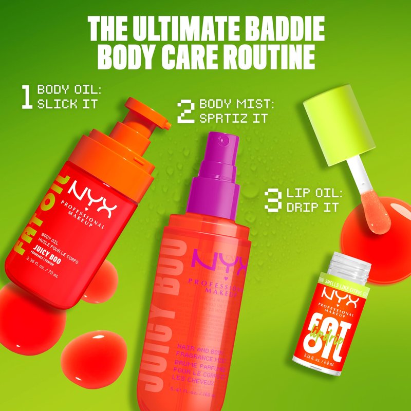 NYX PROFESSIONAL MAKEUP Fat Oil Fragrance Mist Perfume in Juicy Boo, Citrus Scented Long Lasting Hair & Body Spray With Mango & Musk Notes, Vegan & Cruelty Free, Large 5.4 fl oz