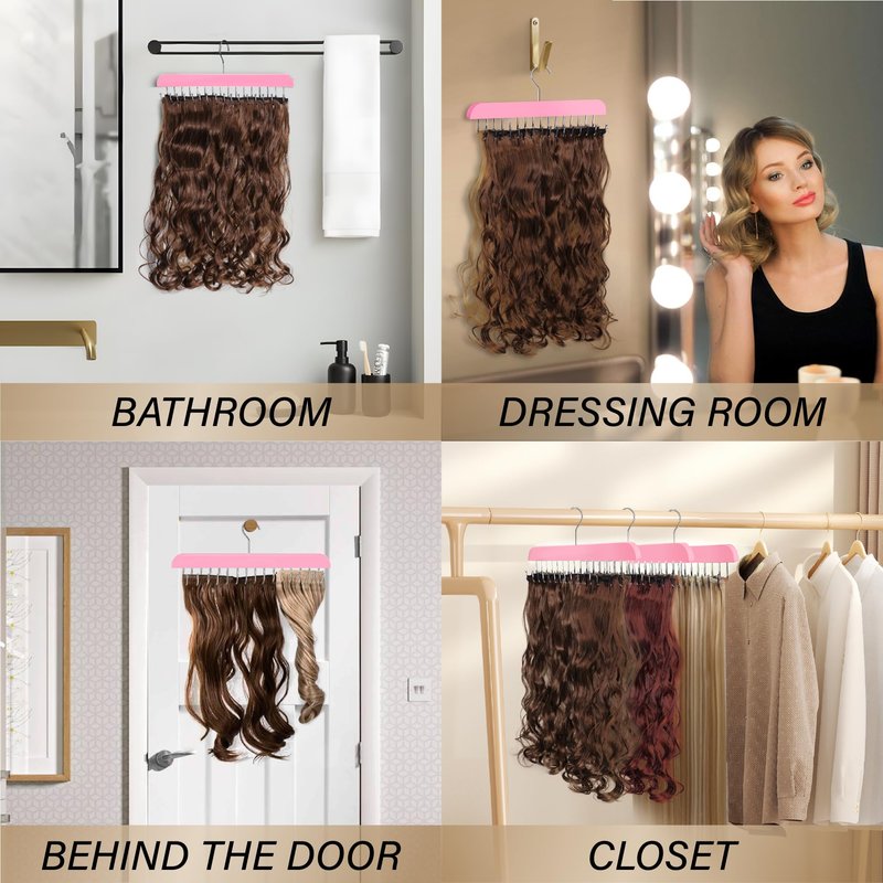 Hair Extension Holder & Hanger for Clip Ins - Weft Organizer Stand for Washing & Styling - Storage Rack Display Stand Accessories for Extensions (Pink)