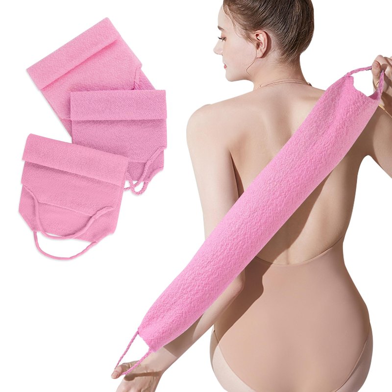 3 Pcs Double-Sided Back Exfoliator Body Scrub Towel, Exfoliating Back Scrubber with Handles,Exfoliating Washcloth Bath Tool in Shower, Stretchable Back Washer to Deep Cleans Skin (Pink)