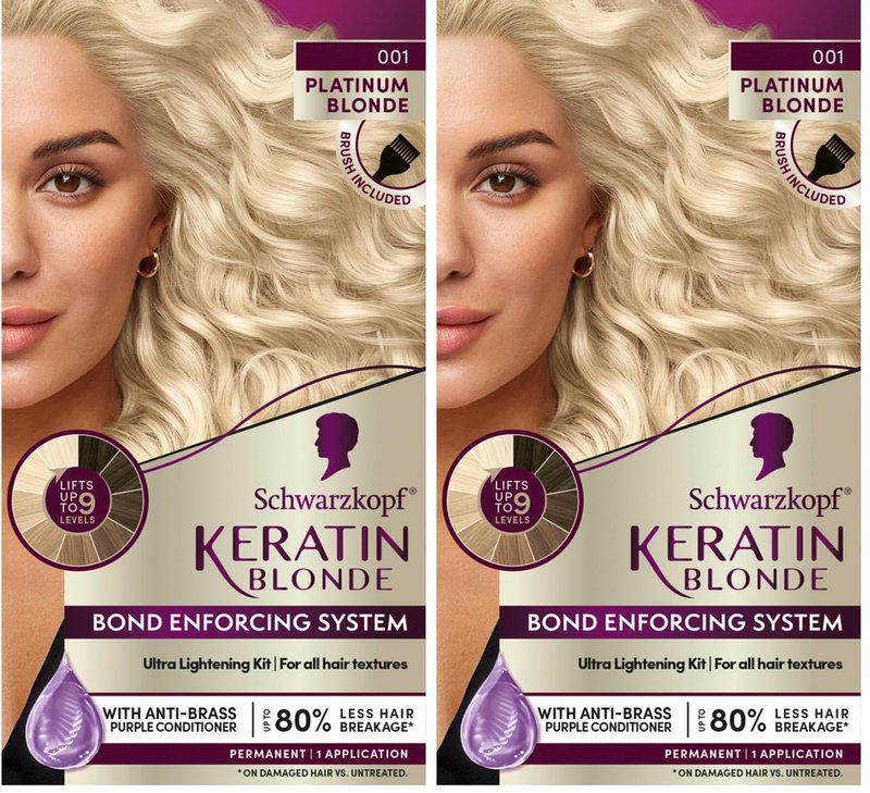 Schwarzkopf Keratin Blonde Hair Dye Platinum Blonde 001, Ultra Lightening Kit, 1 Application - Hair Bleach Enriched with Keratin, Lightens up to 9 Levels and Protects Hair from Breakage (Pack of 2)