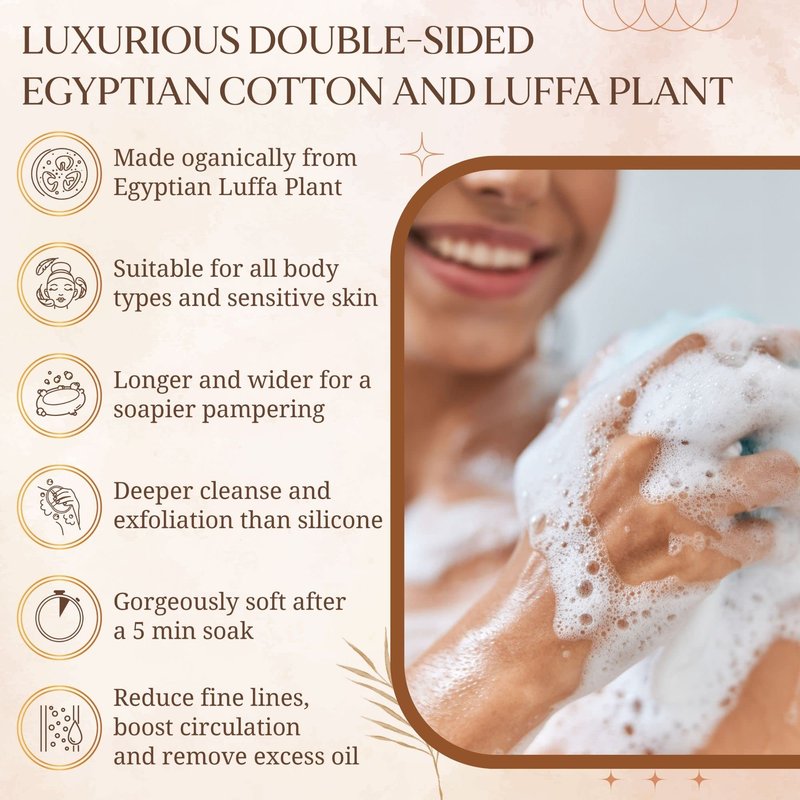 2 Exfoliating Loofah Body Scrubber Pads Bath Sponge, All-Natural Egyptian Bath & Shower Exfoliating washcloth and Loofa Natural Sponge for Face, Back & Body, Eco Friendly and Biodegradable Loufa.