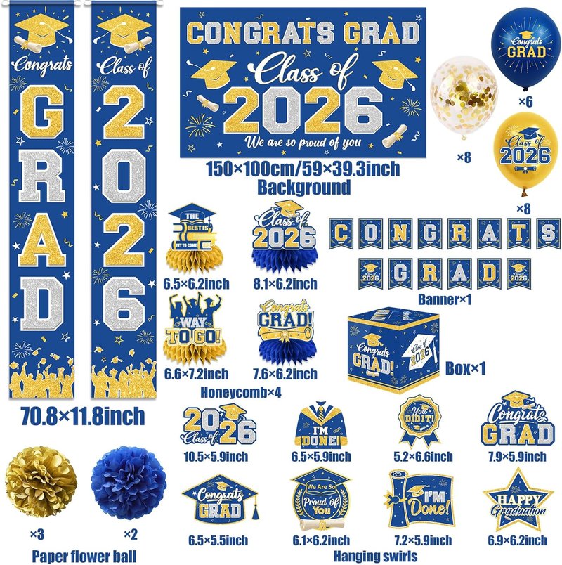 Graduation Decorations Class of 2026 - Blue & Gold Congrats Grad Set | Banner, Backdrop, Balloons & More