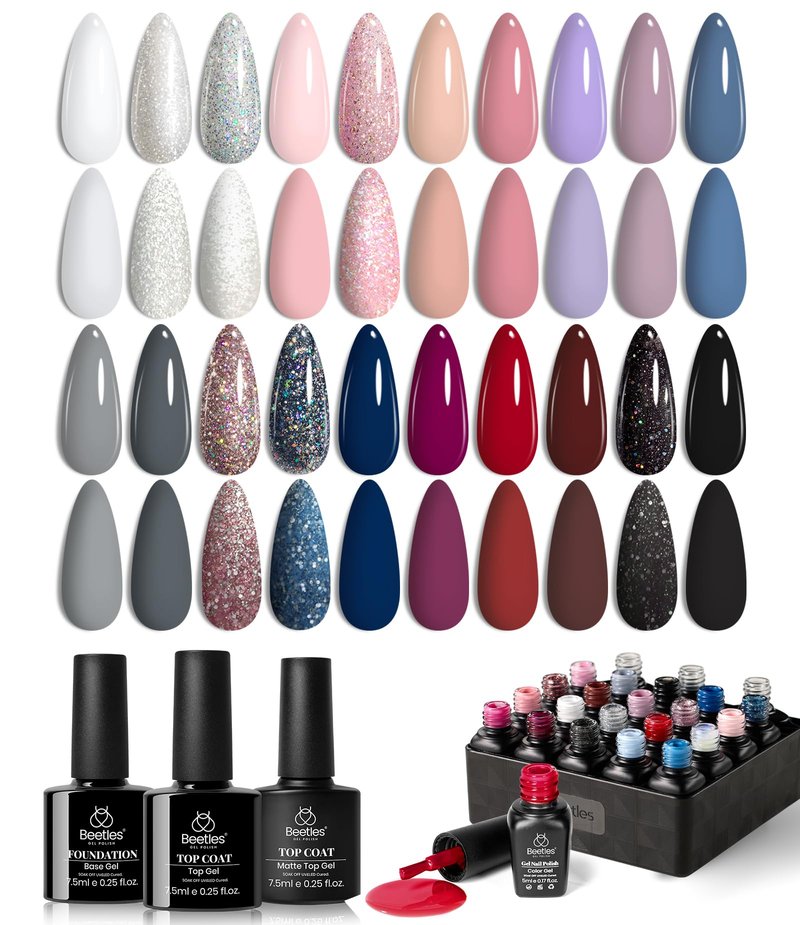 Beetles 23Pcs Gel Nail Polish Kit 20 Colors with Base Gel Top Coat Orange Brown Burgundy Red Yellow Gel Polish Set Soak off Uv Golden Glitter Holiday Nail Art Gift for Girls