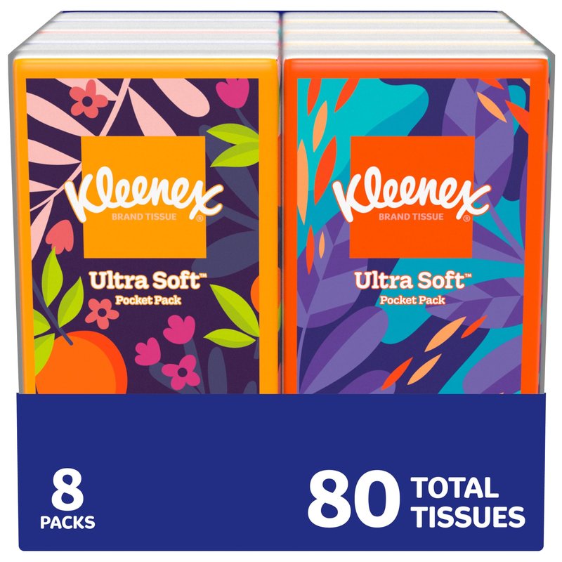 Kleenex On-The-Go Facial Tissues, 8 On-The-Go Packs, 10 Tissues per Box, 3-Ply (80 Total), Packaging May Vary