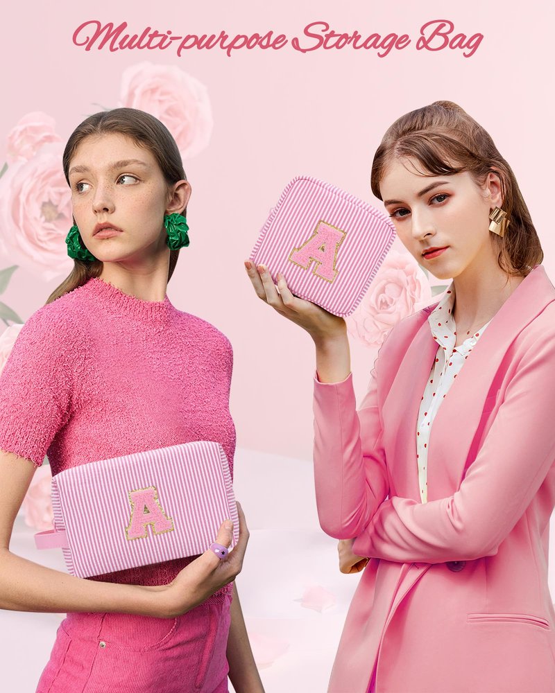 MONSTINA Preppy Chenille Makeup Bag|Personalized Initial Bags with Zipper,Cute Makeup Pouch Stripe Cosmetic Bag,Birthday Gift for Daughter|Preppy Things for Girls,2PCS Pink Q