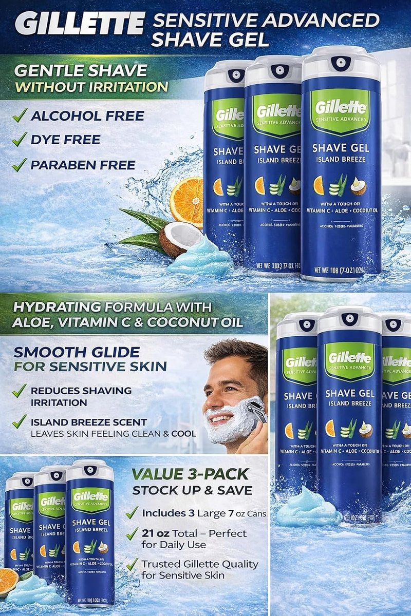Gillette Sensitive Plus Island Breeze - Alcohol-Free Shaving Gel with Aloe & Vitamin C | 3 Pack