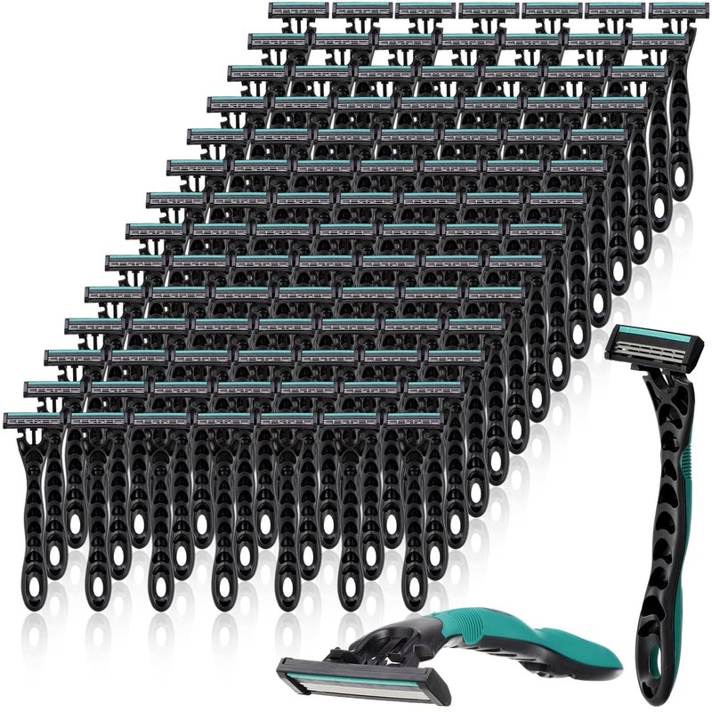 Leriton 100 Pcs Men's Disposable Razors Bulk 3 Blade Men Razors for Head Sensitive Skin Comfortable Shave, Individually Wrapped