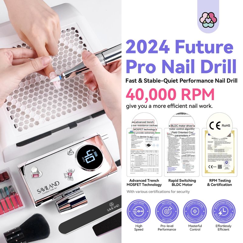 SAVILAND Professional Electric Nail Drill : 40000RPM Portable Nail Drill Kit E File with Drill Bits Rechargeable 6000mAh for Acrylic Gel Nails for Salon Home, Y2K