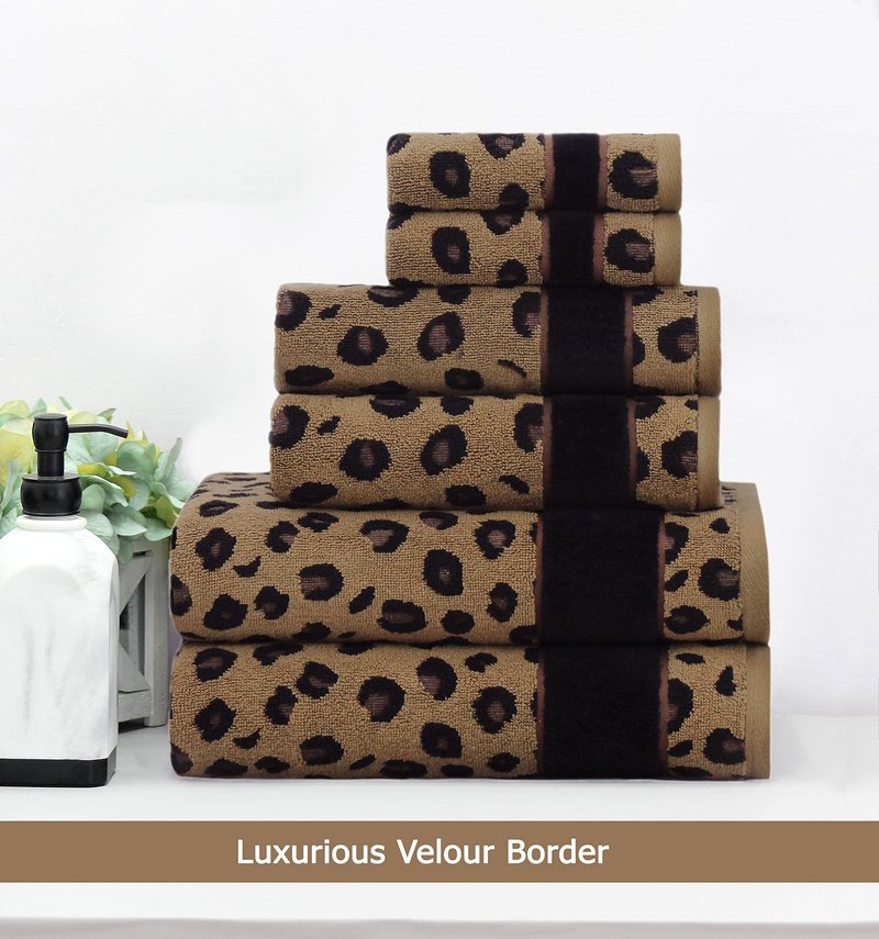 COTTON CRAFT 6 Piece Towel Set - Animal Print Leopard Cheetah Africa Safari 100% Cotton Jacquard 2 Bath Towel, 2 Hand Towel, 2 Washcloth Soft Absorbent Luxury Decorative Guest Towel Bathroom Towel Set