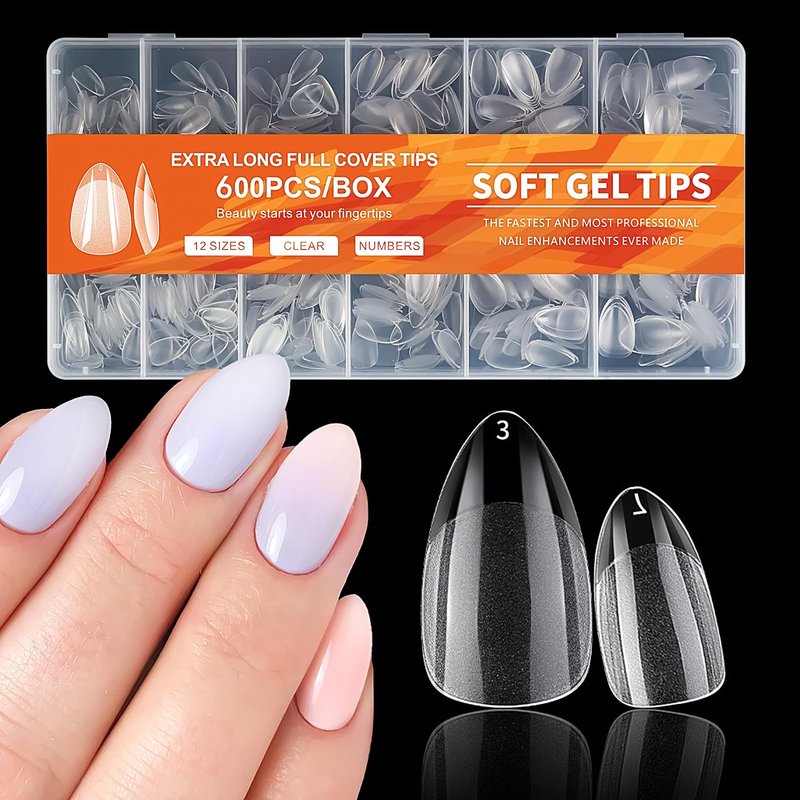 Doneace Medium Almond Nail Tips, 600Pcs Soft Gel Nail Tips, 12 Sizes Pre-Shaped Acrylic Nail Tips Half Matte Full Cover Nail Tips Clear Gelly Press on Flase Nail Tips for Extension DIY Nail Salon