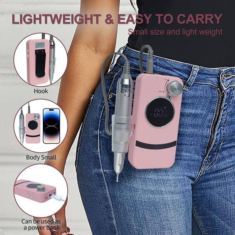 Electric Nail Drill - 35000RPM Cordless Pink Nail File for Acrylic & Gel Polish | Portable Rechargeable Manicure Kit