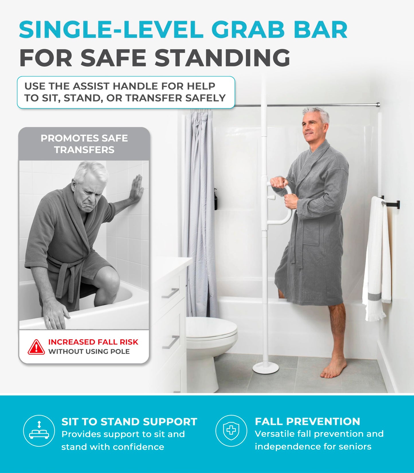 Stander Wonder Pole, Security-Pole and Curve Grab Bar, Tension Mounted Floor to Ceiling Transfer-Pole for Seniors, Elderly Adults, Bathroom Safety Assist and Stability Rail, White