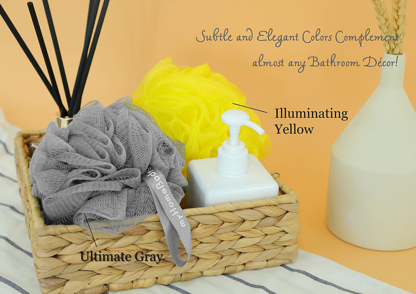 myHomeBody Large 70g Loofah Sponge, Body Scrubber, Bath Sponge, Loofah for Women, Men, Exfoliating Sponge Shower Pouf with Activated Charcoal - 2 Ultimate Gray + 1 Illuminating Yellow, 3 Pack