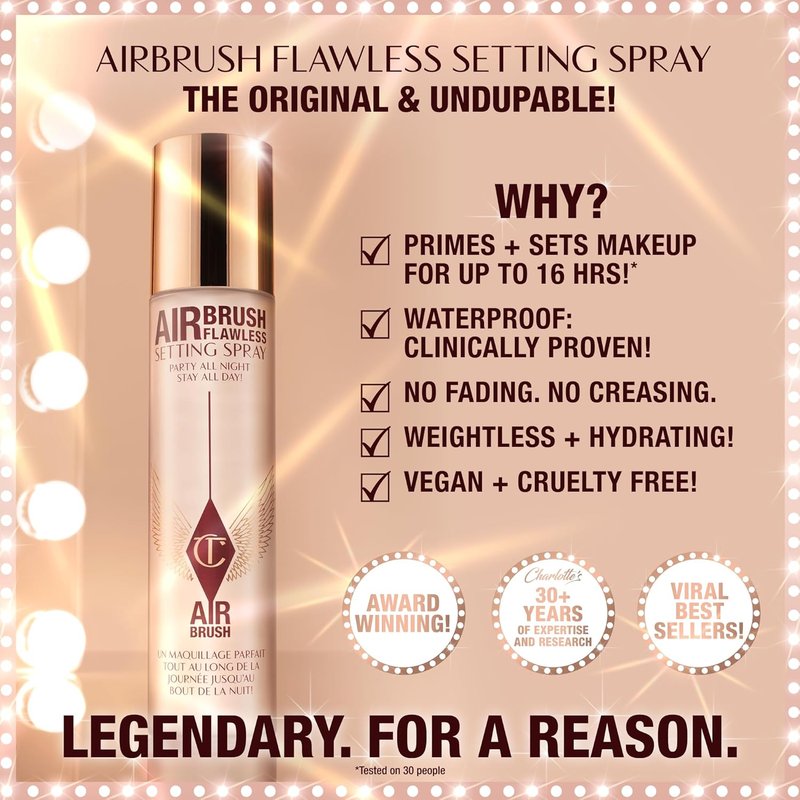 Charlotte Tilbury Airbrush Flawless Setting Spray - Ultra-Fine Hydrating Mist for Long-Lasting Makeup | 3.4 oz, Waterproof