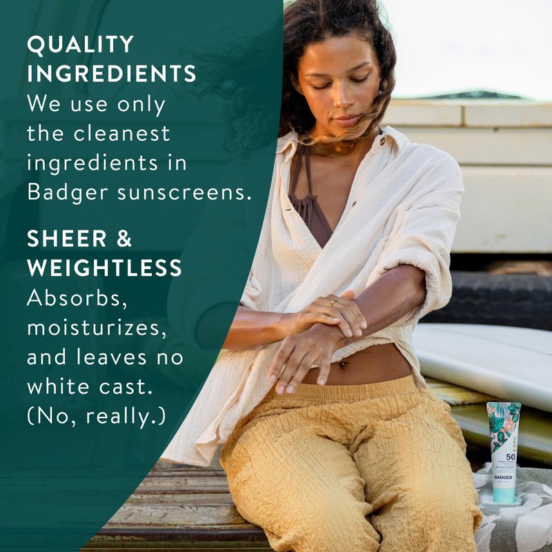 Badger SPF 50 Daily Mineral Sunscreen with Zinc Oxide, 85% Organic, Lightweight & Easy to Apply, No White Cast, Moisturizing, Reef Safe, Vegan, Unscented, 4 fl oz