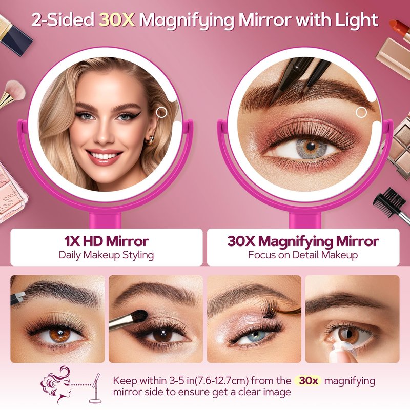 B Beauty Planet Makeup Mirror with Lights, Lighted Magnifying Mirror 30X with 3 Lighting and Adjustable Brightness, 2-Sided Height Adjustable Vanity Mirror for Bathroom, Gifts for Women Hot Pink