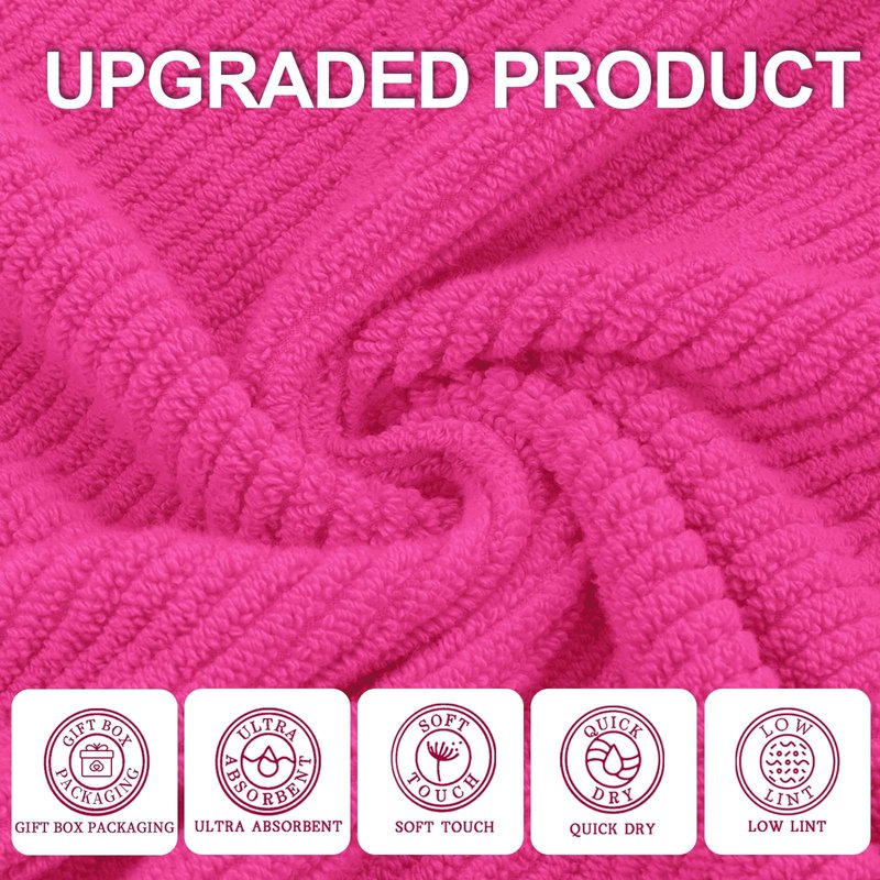Hot Pink Bath Towels (4PC Large, 30"x56") - 100% Cotton | Quick Dry | Light Weight | Thick | Soft | Absorbent, Luxury Shower Towels with Hanging Loops, Towel Gift Set, Hot Pink Bathroom Accessories