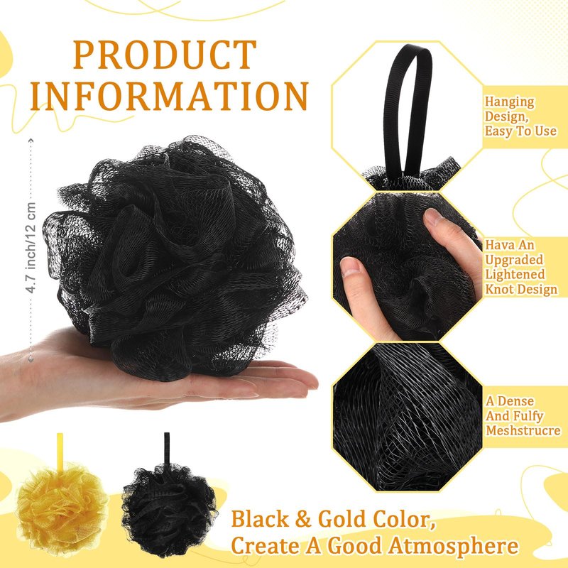 FuWeave 12 Pcs Christmas Bath Loofah Sponge Red Green Loofah Exfoliating Body Scrubber Shower Sponge 50g Mesh Shower Pouf Balls Gift Set for Women Men Bathing Accessories(Gold and Black)