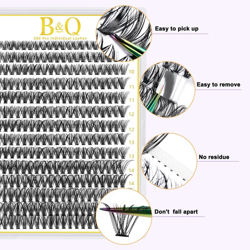 B&Q Lash Clusters 280PCS Natural Eyelash Clusters 40D D 9-16mm Individual Lash Wispy Eyelash Extension with Soft Thin Band Classic Look Pestañas Postizas Comfortable DIY at Home(40D-D-9-16mm)