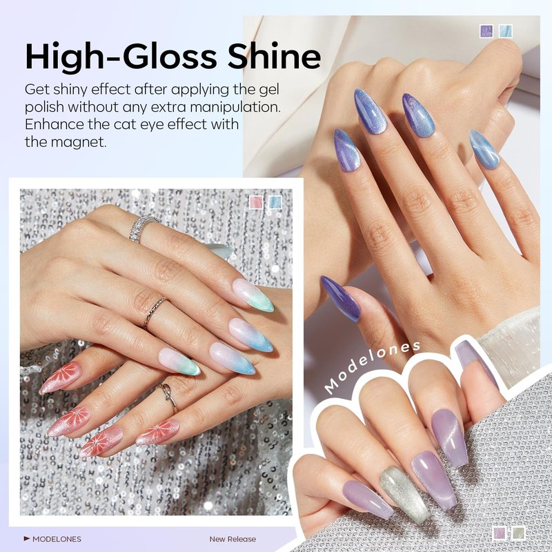 Modelones Cat Eye Gel Nail Polish - 6 Colors Holographic Glitter | Soak Off, 9D Semi-Transparent for Nail Art