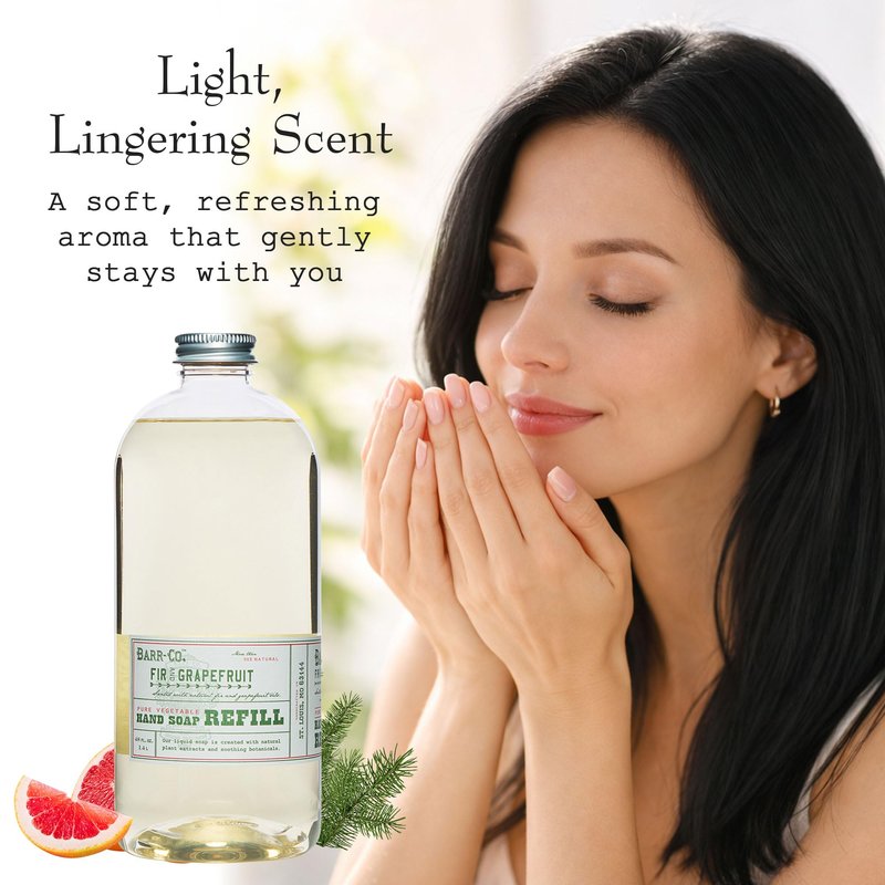 BARR-CO. Hand Soap Refill – Natural Liquid Soap with Moisturizing Botanicals, Vegan & Plant-Based, Refreshing Citrus & Balsam Scent, for Kitchen & Bathroom, Fir & Grapefruit 32fl oz