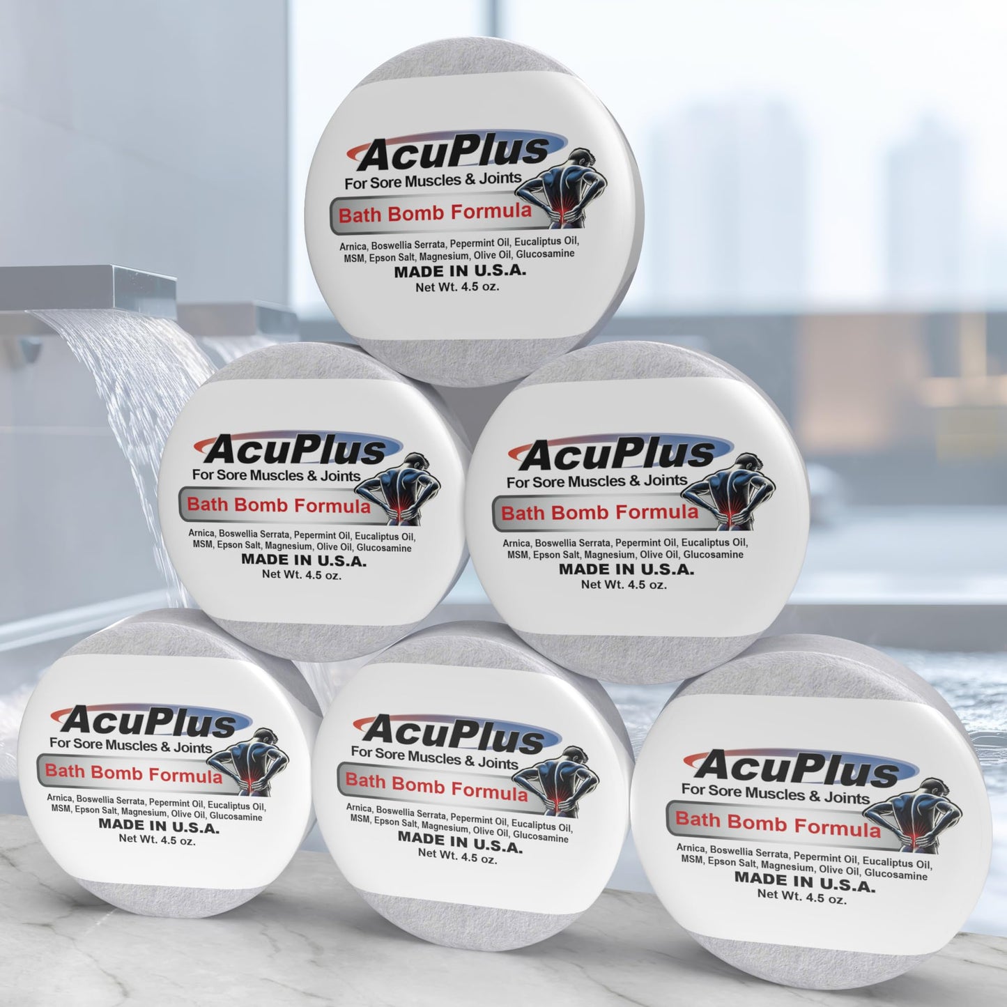 AcuPlus - Bath Bombs for Sore Muscles & Joints - Relaxing Bath Bombs for Women & Men with Arnica, Magnesium, Glucosamine, & Epsom Salt - 4.5 oz. Each, Pack of 6
