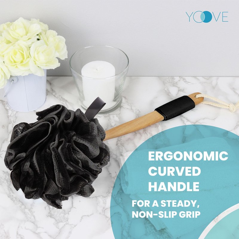 Loofah with Handle | Bamboo Charcoal Infused Loofah Back Scrubber for Shower | Exfoliating Back Loofah for Shower for Men & Women | Includes 1 Loofah on a Stick,1 Loofa Pouf and 1 Hook