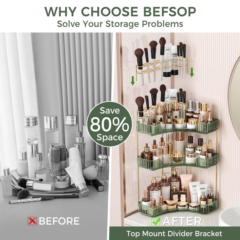 BEFSOP Corner Bathroom Counter Organizer, Upgraded 3-Tier Makeup Organizer Countertop with Makeup Brush Holder, Skincare Exquisite Vanity Organizers Countertop Bathroom Storage Dresser(Green)