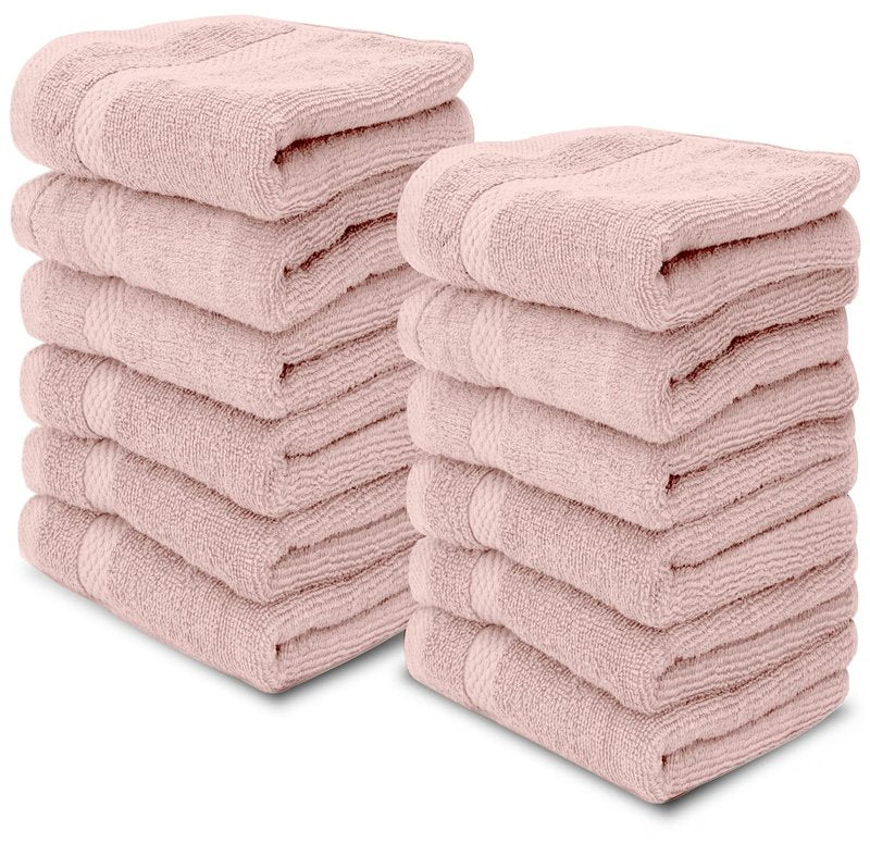 White Classic Luxury Cotton Washcloths 13x13 Inch - 650 GSM Turkish Cotton | Hotel, Spa, Bathroom Face Towel | 12 Pack, Pink