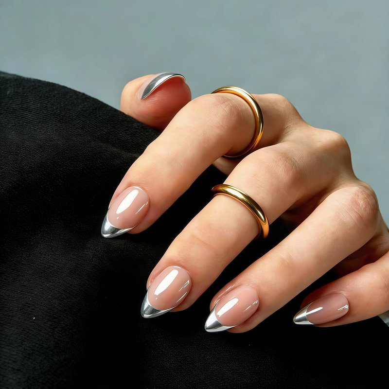 KXAMELIE French Tip Press on Nails Short Almond - Chrome Silver French Tip Nails with Glue & Tabs, Opaque Natural Nude Fake Nails in 12 Sizes - 24 Soft Gel Glue on Nail Kit for Women Manicure Gift