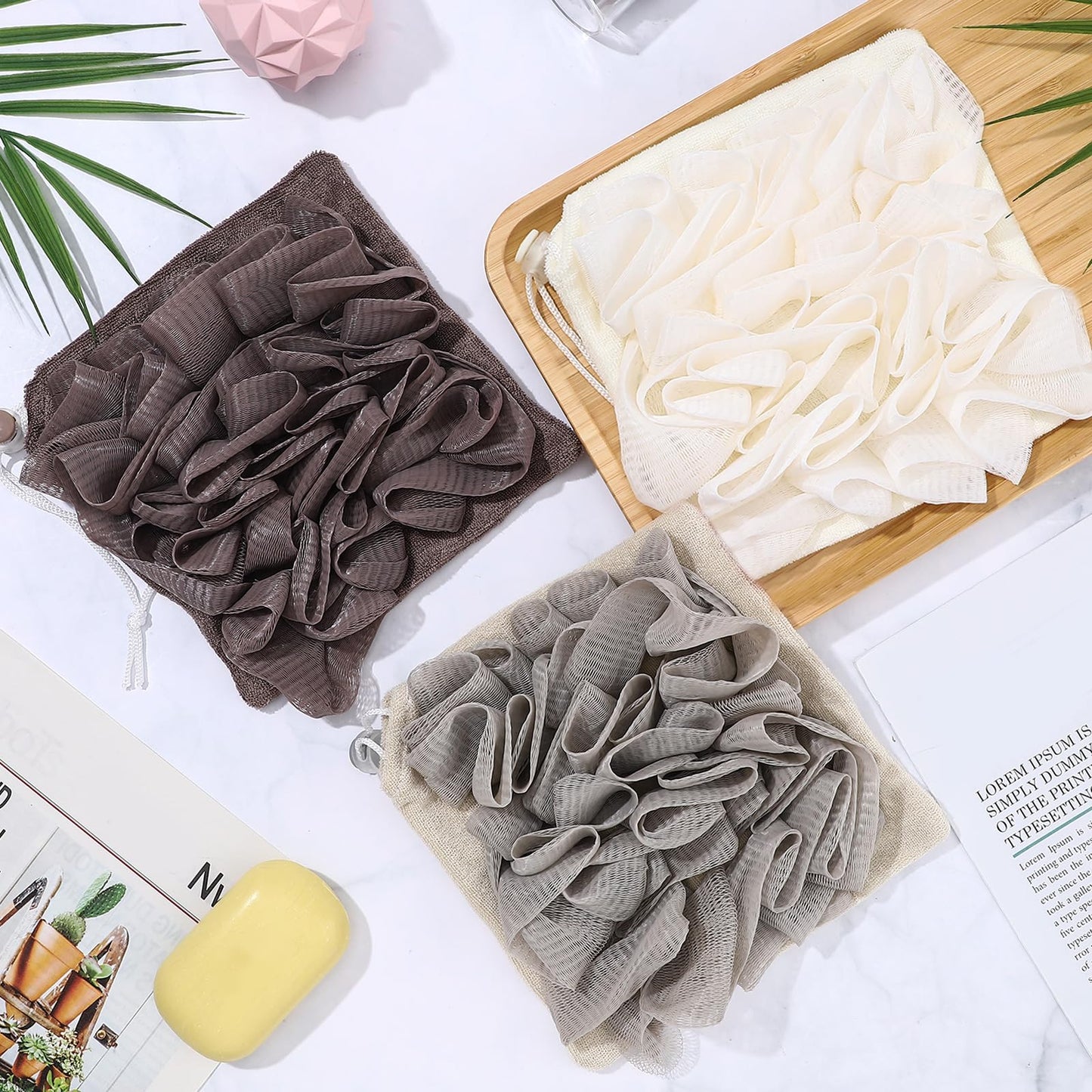 Swiffen 3 Pcs Washcloth Loofah Combo, 2 in 1 Bath Loofah Sponge with Drawstring, Exfoliation Mesh Shower Puff Ball for Body Wash Cleansing and Smooth Skin (Grey Coffee Beige)