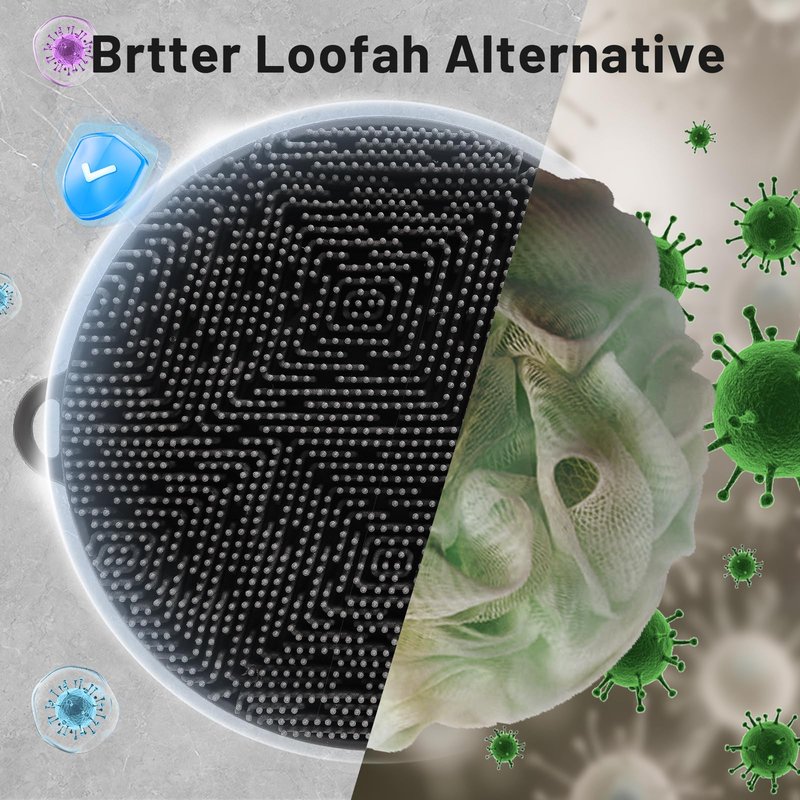 Silicone Back Scrubber for Shower - 16'' Detachable Long Handle Exfoliating Brush, 2025 Upgrade Loop Fin Bristles Body Brush, Deep Cleansing for All Skin, Back Washer for Men and Women (Black)