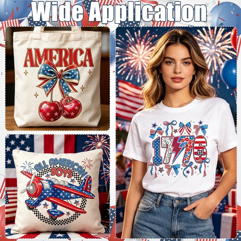4th of July Iron on Transfers - 3 Sheets 250th Anniversary 1776-2026 Patriotic Iron on Patches USA Airplane Bow Cherry Design No Sew DIY Iron On Stickers for T Shirts Bags Hats, Independence Day Decor
