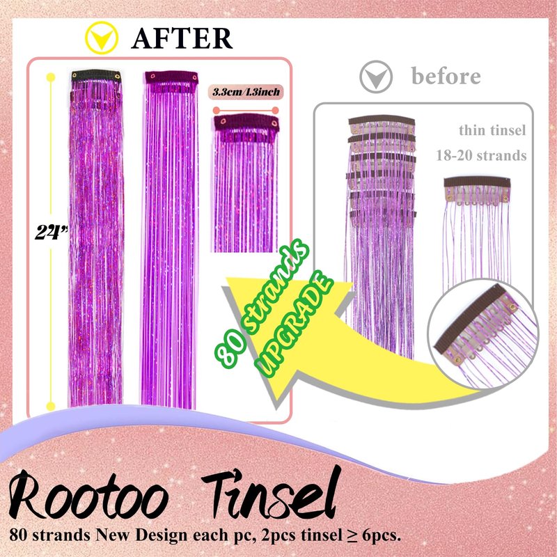 Hair Tinsel Clip in Purple Fairy Hair Tinsel Kit, 12 Pcs 24 Inch Glitter Clip in Hair Extensions for Girls Women Kids Christmas New Year Festival Party (Purple)