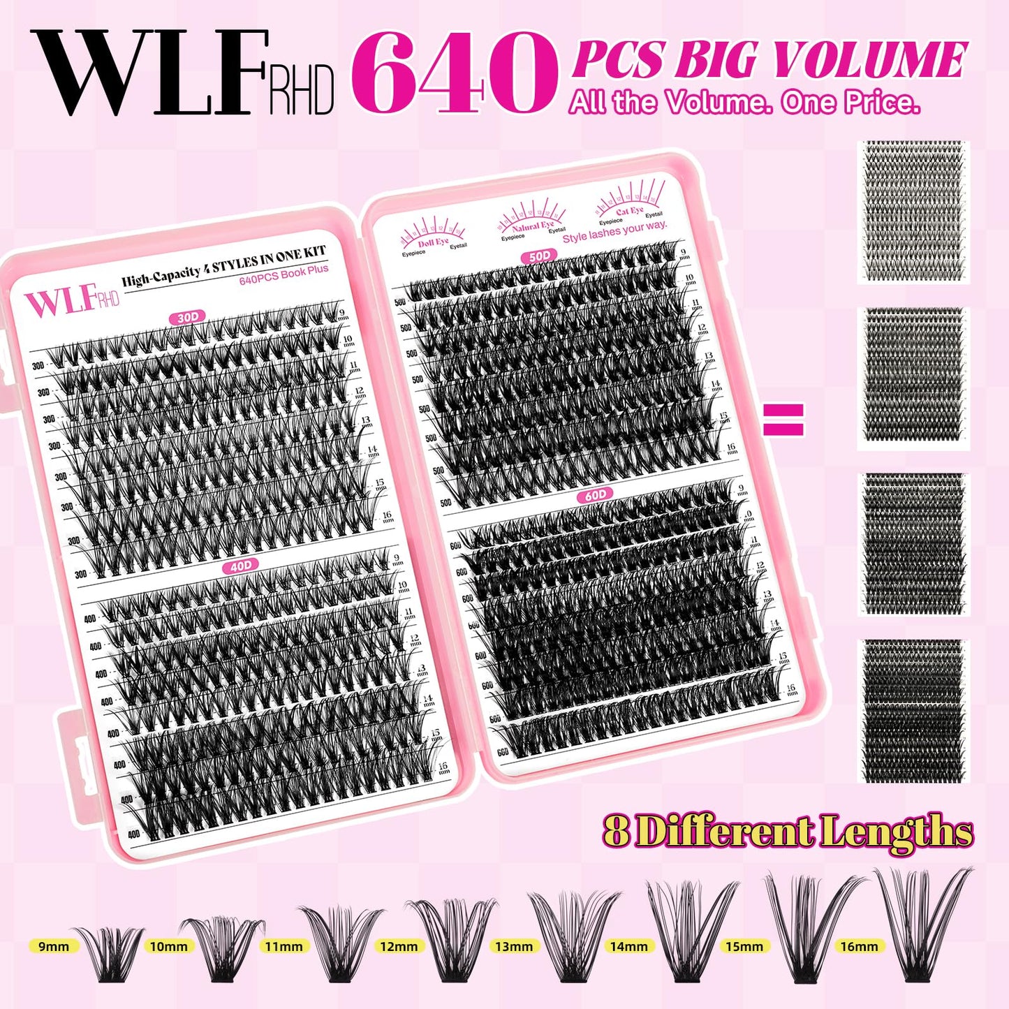 WLFRHD Lash Clusters Kit 640Pcs Eyelash Clusters Kit D Curl Wispy Cluster Lashes Kit 30D+40D+50D+60D Lashes Clusters Kit With Bond and Seal Remover Tweezers Brush 9-16mm for DIY Home