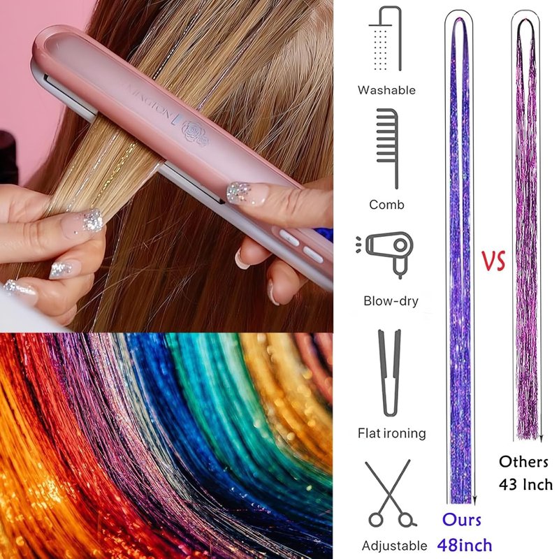 Skiennix Hair Tinsel Kit - 18 Colors of Holographic Hair Extensions | Heat Resistant Glitter for Festivals