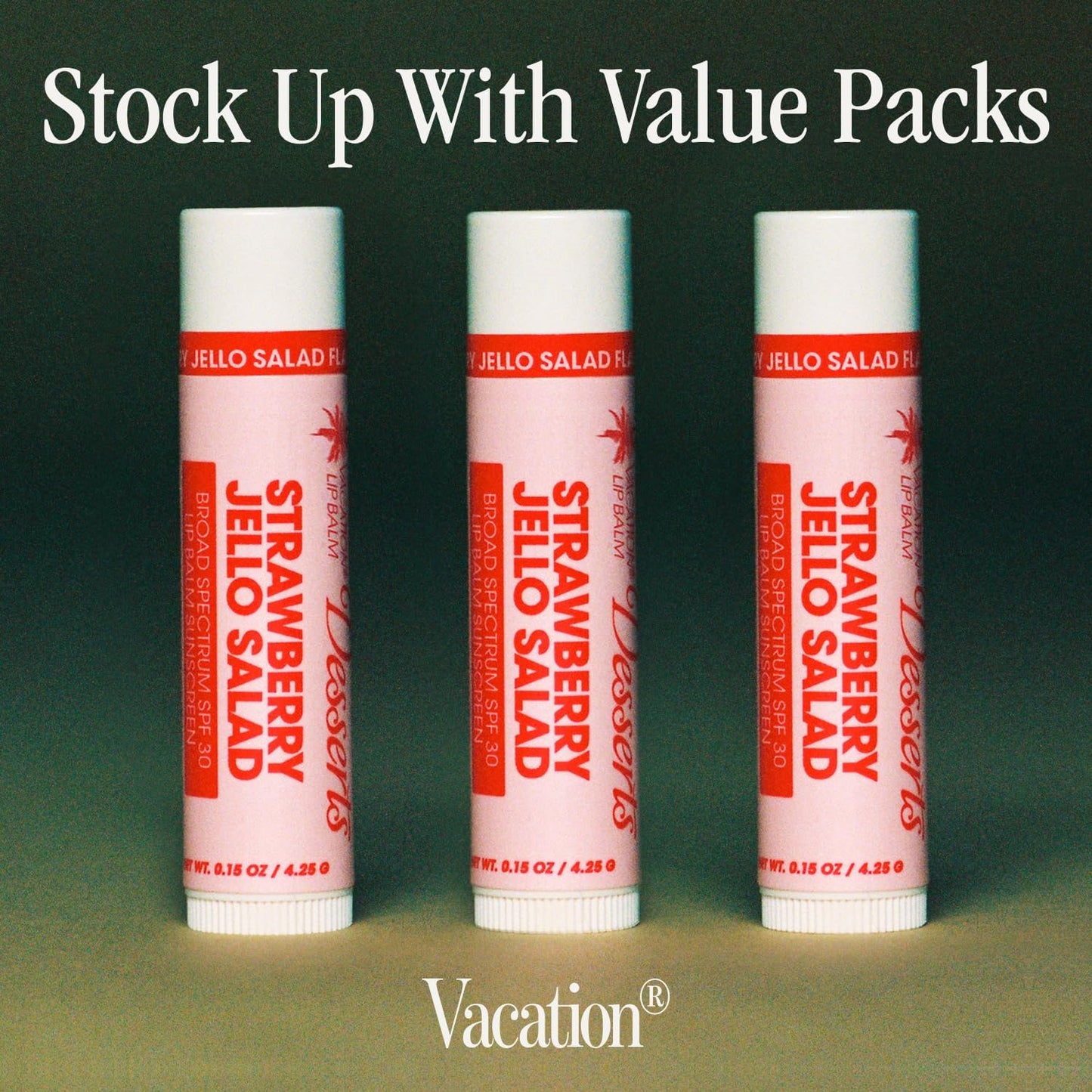 Vacation Strawberry Jello Salad SPF 30 Lip Balm, Pack of 3 - Hydrating Sunscreen for Lips, Water-Resistant, Lightweight, Transparent Sheen, Vegan