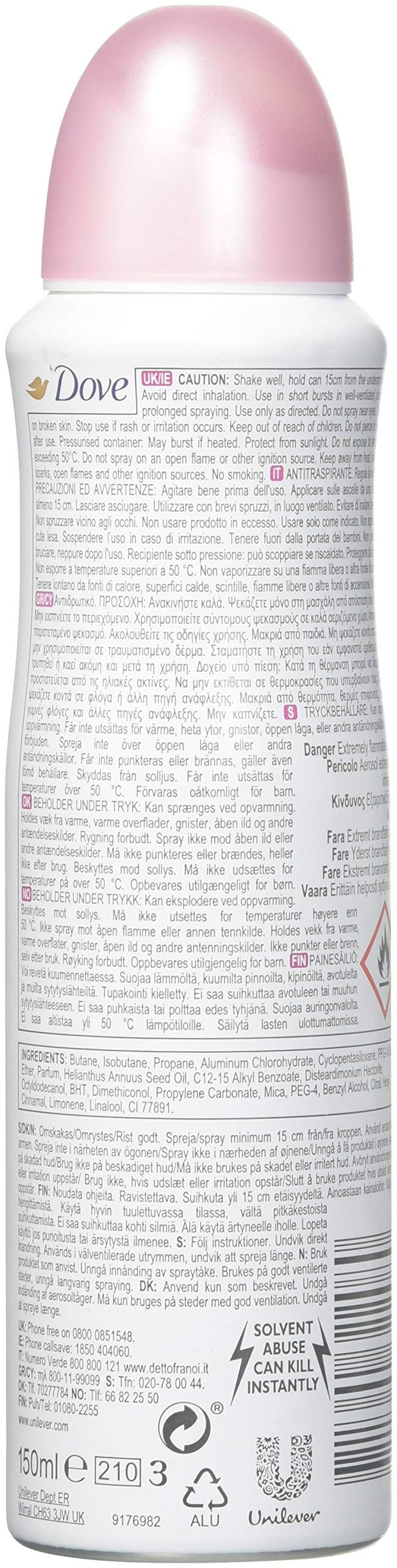 Dove Deodorant & Anti-Perspirant, 150Ml=5.07Oz / Each (Pack of 6), 0% Alcohol, 24-48 Hr Protection (Beauty Finish)